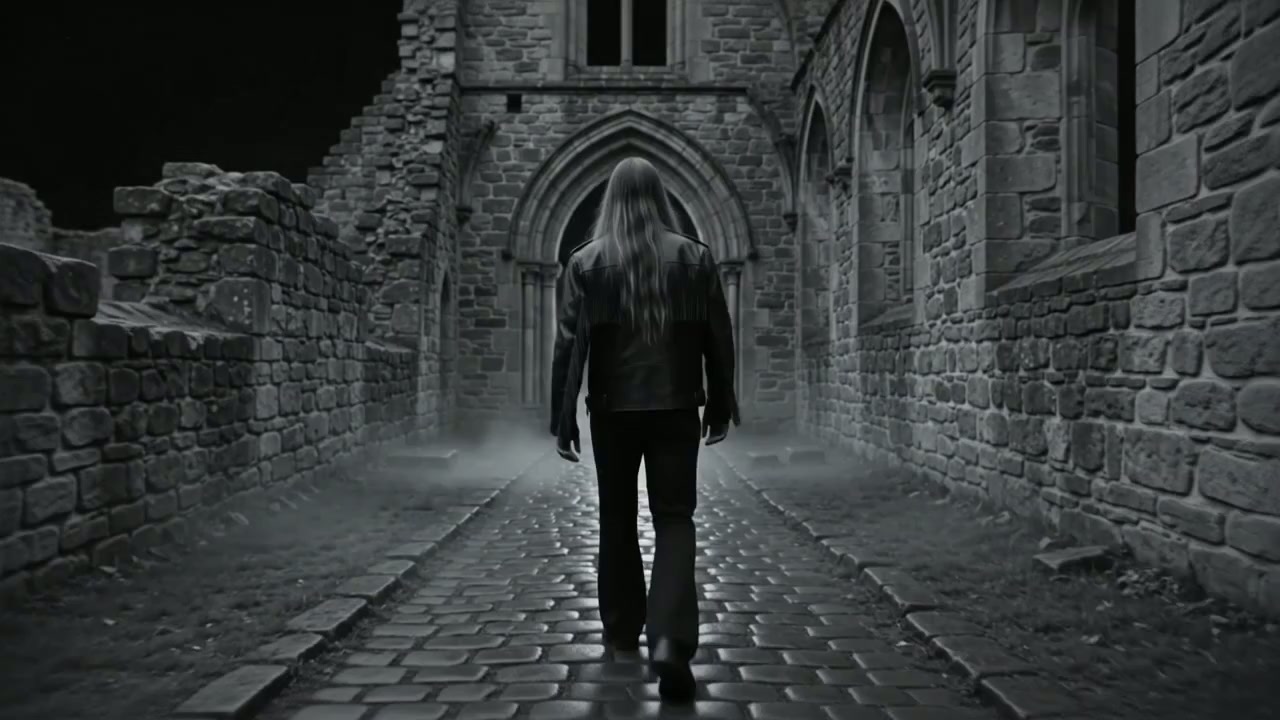 Sauvage Myhre walking into the ruins